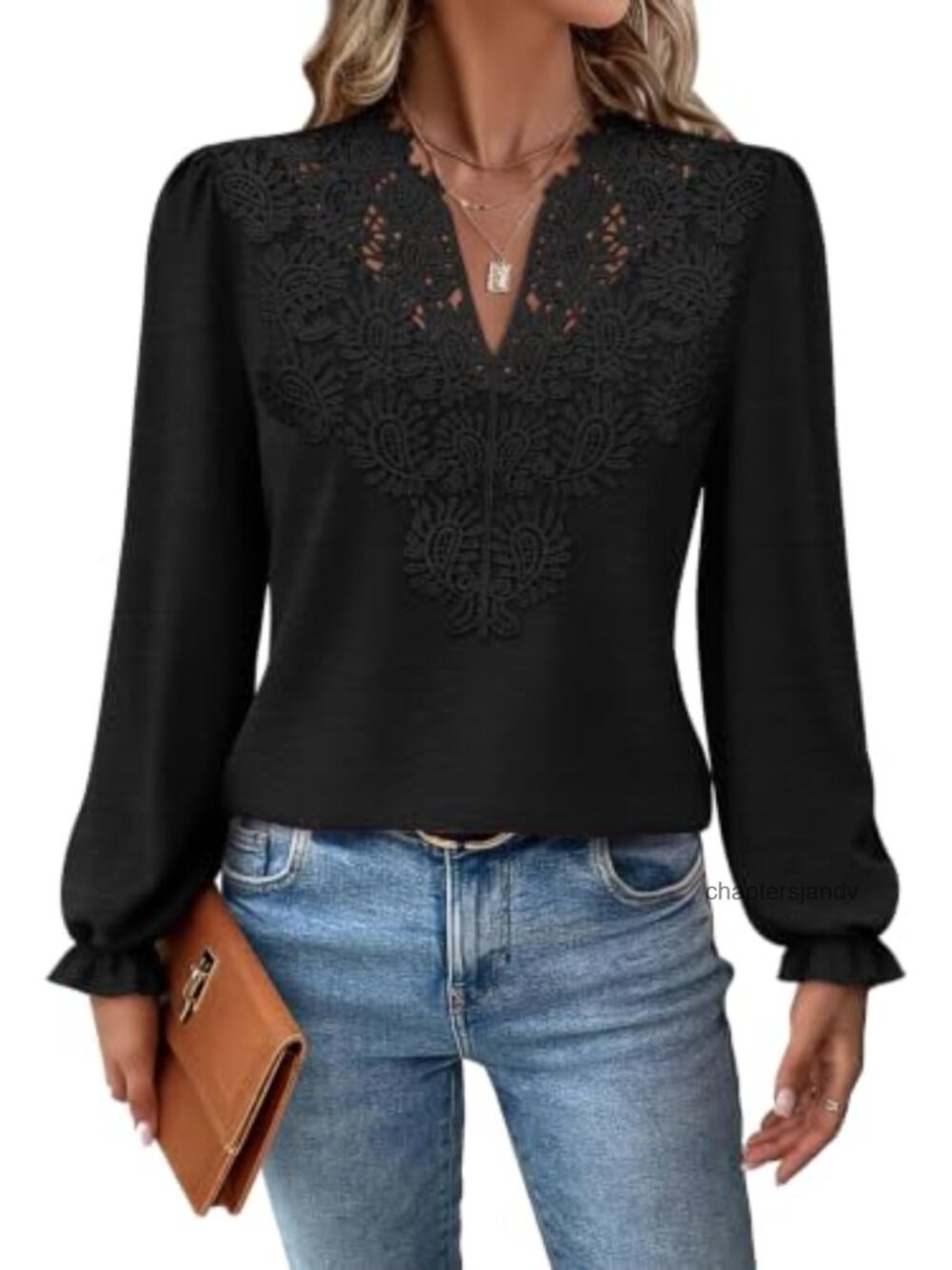 Womens Lace Long Sleeve Boho V Neck Blouse Relaxed Fit Pullover Top